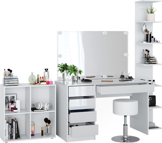 Vicco Coiffeuse Sherry, Wit/ Wit, 5 pièces, avec étagère de rangement, étagère sur pied, miroir, tabouret, LED