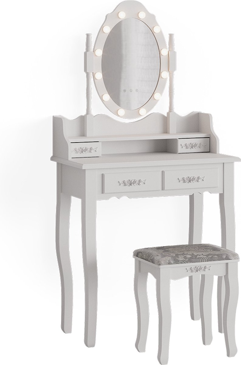 Vicco Kaptafel set met kruk Maggie, Wit, 75 cm met LED-spiegel en kruk
