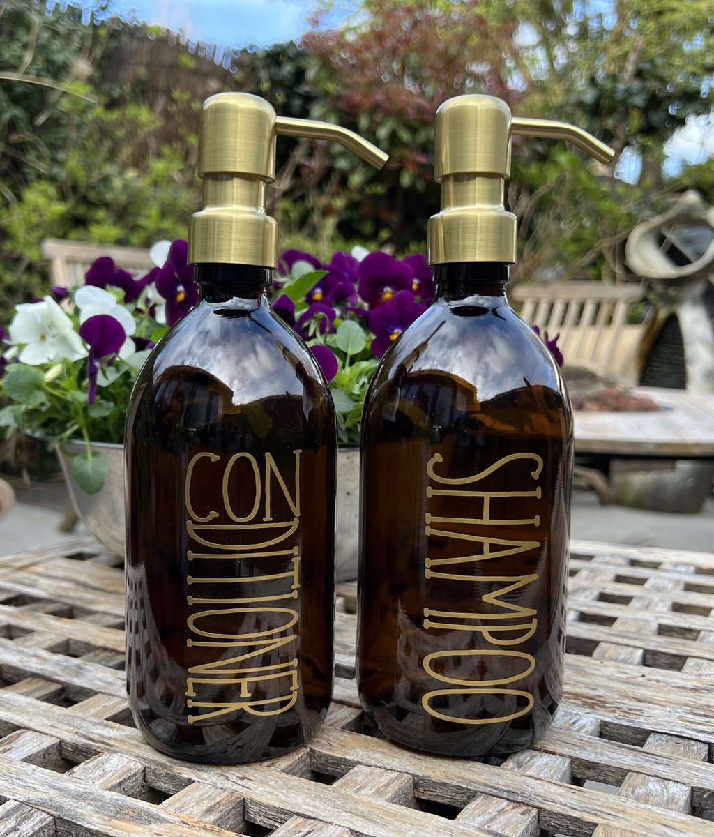 BBBLS Design Dispenser Giftset "Shampoo Conditioner" | Bruin Glas | 500ml | RVS / Metaal Pomp Goud | Zeeppomp | Zeepdispenser | Zeephouder