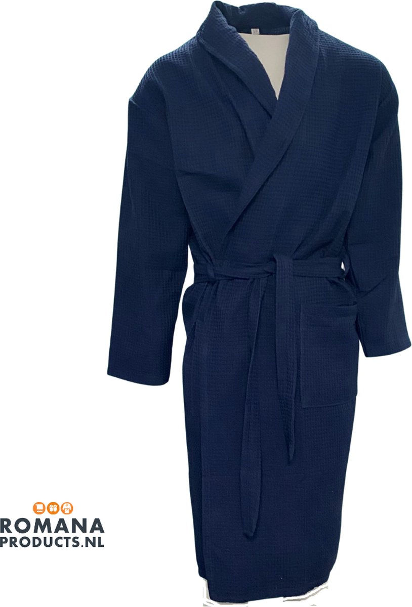 Romana Products Wafel - Badjas Ongevoerd - Donker Blauw - Maat XXL - Ochtendjas - Kamerjas - Luxe Wellness - Ademend Katoen - Duurzaam en Zacht