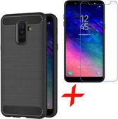 Geborsteld Hoesje voor Samsung Galaxy A6 Plus (2018) Soft TPU Gel Siliconen Case Zwart + Tempered Glass Screenprotector Transparant iCall