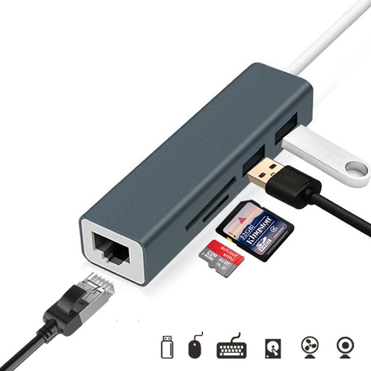 USB-C naar 2x USB 3.0Hub + RJ-45 Ethernet Adapter + SD reader voor USB type C aansluiting - Space Grey - BrightNerd