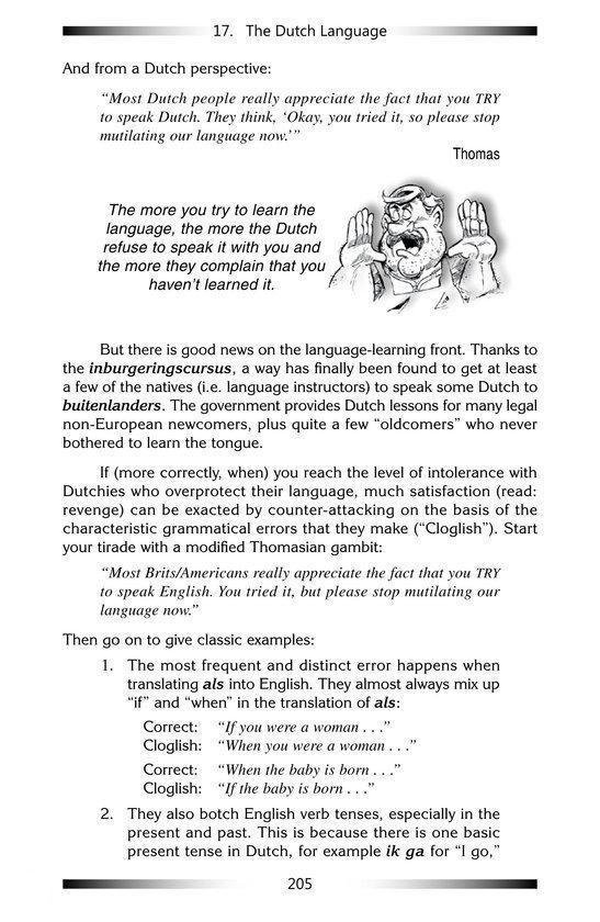Pagina met titel 'The Dutch Language', tekst en een cartoon van een boze Nederlander die klaagt over de uitspraak van zijn taal.
