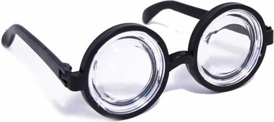 Zwarte ronde bril met dikke, vergrotende glazen en zwarte pootjes.