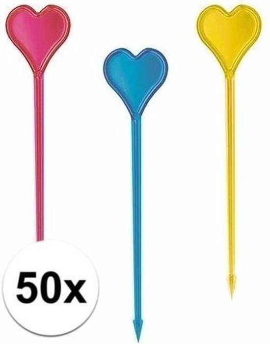 50x hartjes prikkers in verschillende kleuren - kunststof cocktailprikkers