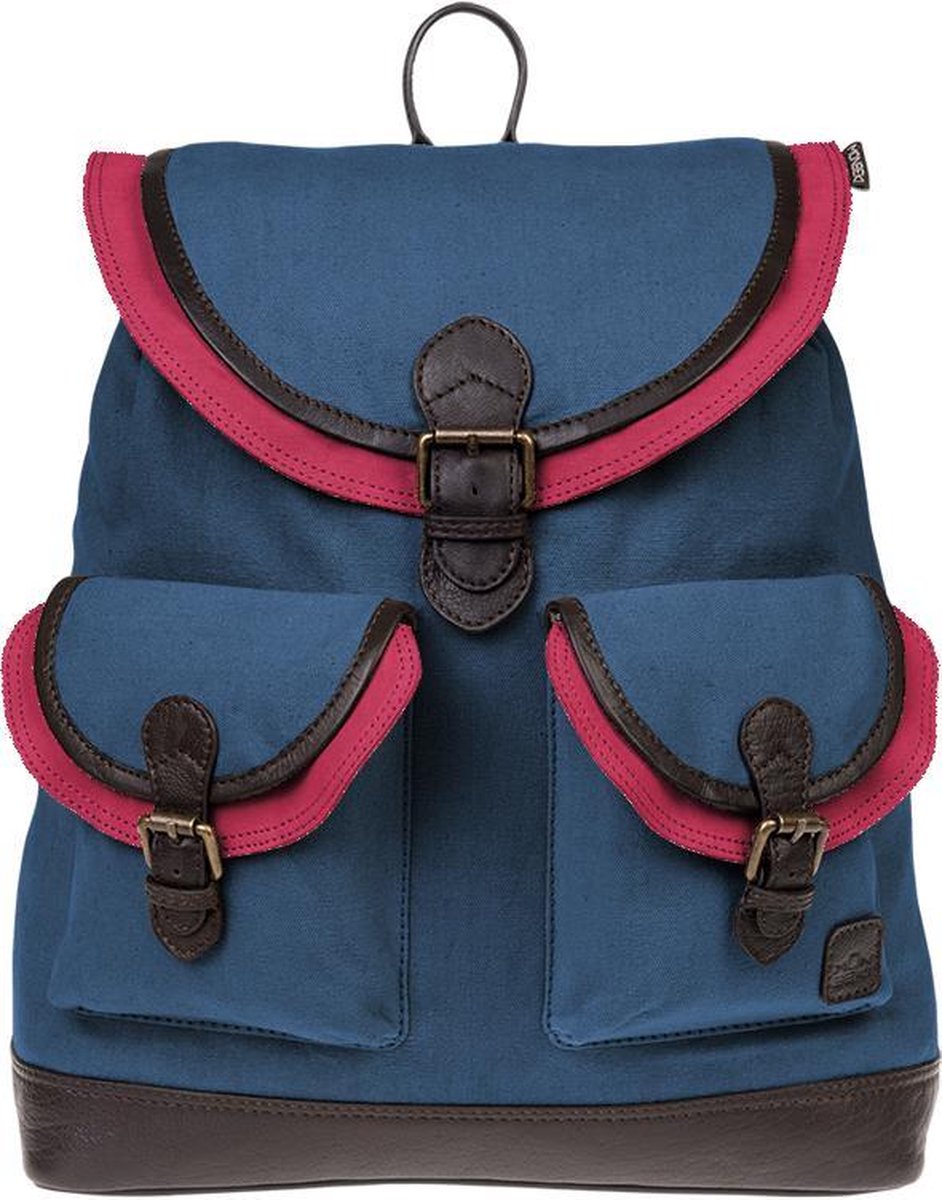 Monbeki Blauwe Canvas Rugzak met Roze Kleppen