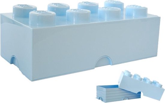Boîte de rangement Lego bleu clair à 8 plots, couvercle et tiroir visibles.