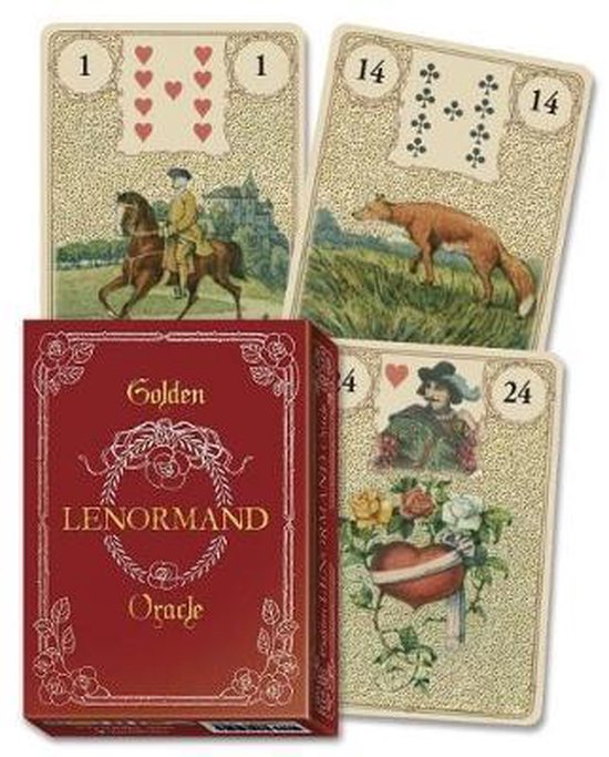 Kaarten van de Golden Lenormand Oracle: een ruiter te paard, een vos, en een man met een hart en bloemen. De doos is rood met gouden tekst.