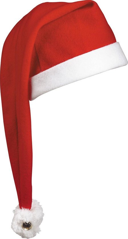 Lange rode kerstmuts met witte rand en pluche bal.