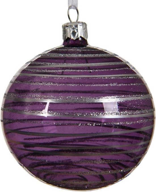 6x Paarse kerstversiering kerstballen glas 8 cm transparante