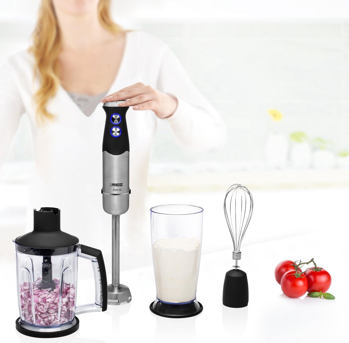 Princess 221221 Staafmixer - Hand blender - Extreem Krachtig – 1000 Watt - 4-in-1 Set - Inclusief Hakmolen, Garde, Mengbeker en Extra lange staaf voor Soep – foto 5