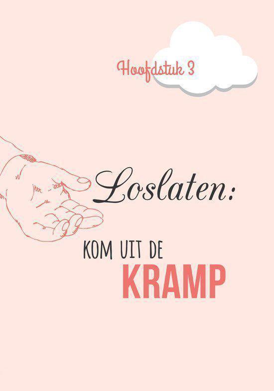 Hoofdstuk 3: "Loslaten: Kom uit de kramp." Illustratie van een hand en tekst. Lichtroze achtergrond.