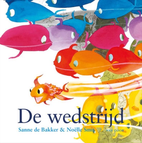 Illustratie van een oranje visje dat wegzwemt uit een groep kleurrijke, gestileerde vissen. De titel 'De wedstrijd' staat onderaan.