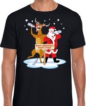 Foute Kerst t-shirt dronken kerstman en rendier Rudolf na kerstborrel/ feest zwart voor heren L