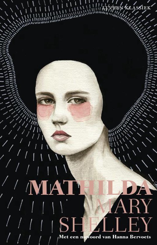 Couverture de livre avec un portrait d'une femme aux joues rouges sur fond noir avec des lignes.