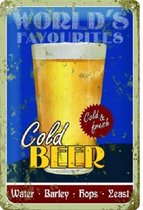 World's Favourites Cold Beer  Metalen wandbord  in reliëf 20 x 30 cm.