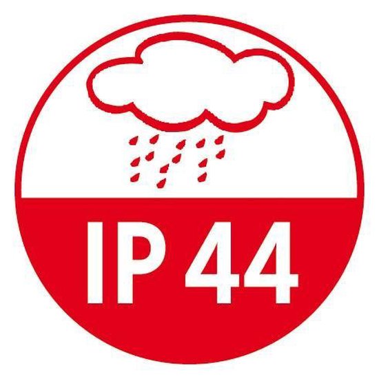Rode cirkel met regenwolk icoon en tekst 'IP 44'.