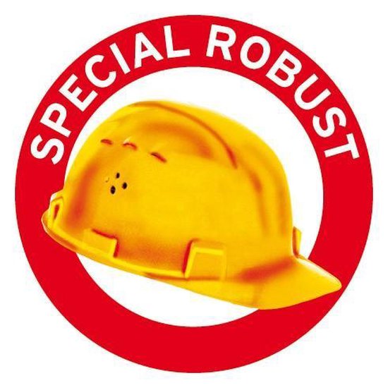 Gele helm met rode cirkel en tekst 'SPECIAL ROBUST'.