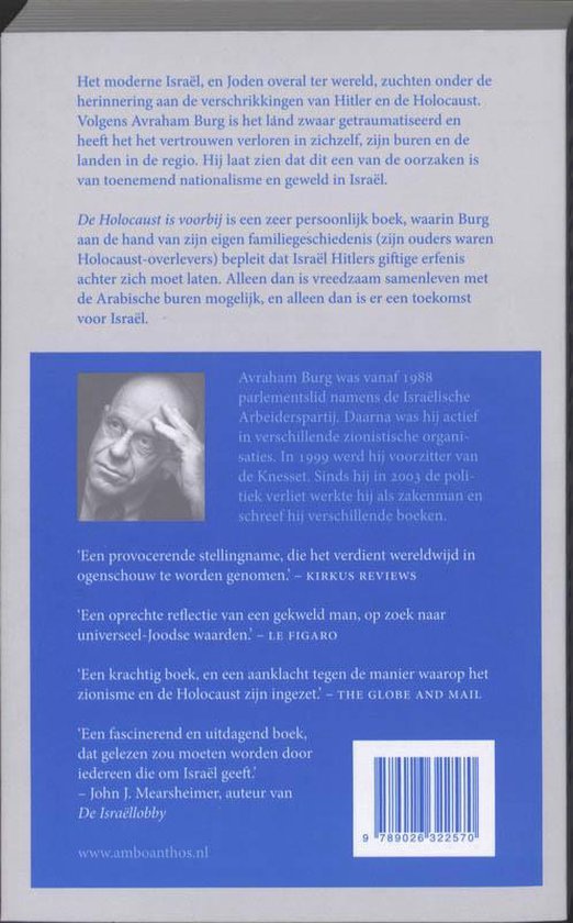 Achterkant van een boek over de Holocaust. Met een foto van Avraham Burg en boekrecensies.