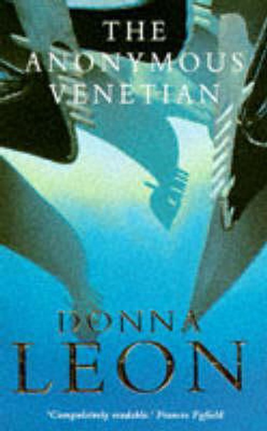 Couverture du livre 'The Anonymous Venetian' par Donna Leon, avec des formes abstraites bleues et grises.