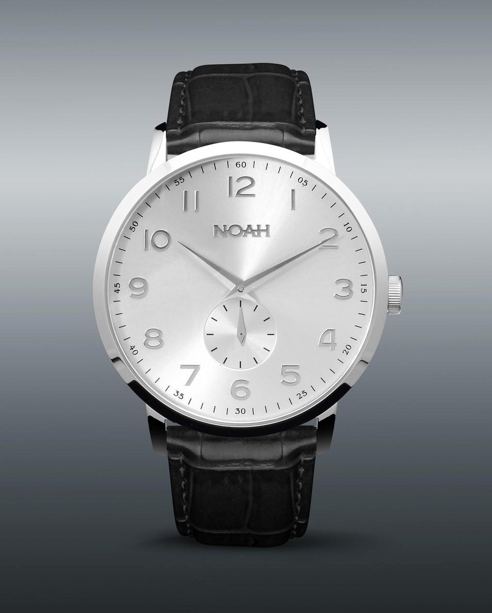NOAH Slimline Silver leather - Horloge - Diameter Ø 43 mm - Saffierglas - zilver-zwart