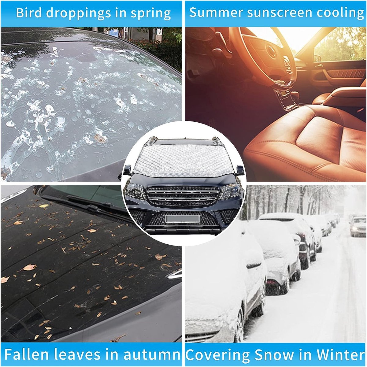 Autoafdekking winter magneet 144*125cm, voorruit afdekking opvouwbaar met 9 magneet bevestiging, sneeuw ijs vorst stof waterbestendig UV voor zomer winter, autoafdekking winter voor 99% auto en SUV