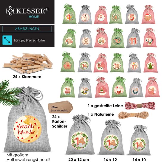 Lot De 24 Calendriers De L’Avent En Jute à Remplir Soi-même | 18x13 Cm | Grand Format Avec Ficelle Et Pinces - 2