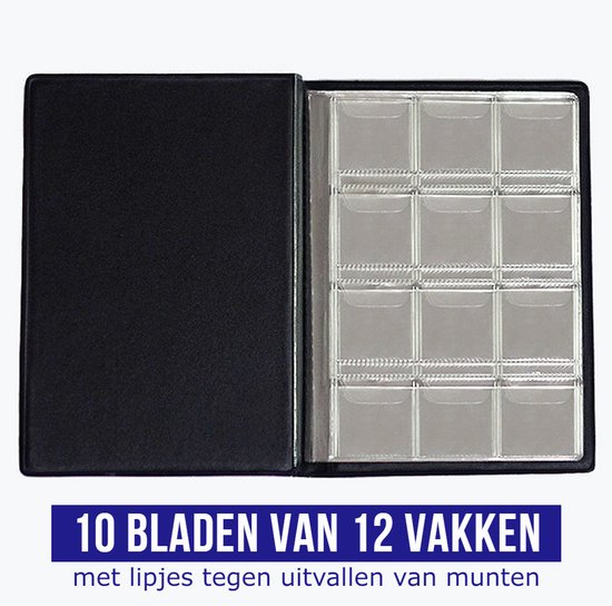 Allernieuwste.nl® Muntenalbum voor 120 Munten met Bescherm-rand tegen Uitvallen - Beginset Muntalbum - kleur album Zwart - Merkloos