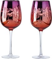 Anton Design Studio Bloom set van 2 gekleurde wijnglazen met bloemen print oranje roze - 50 CL - 23 cm