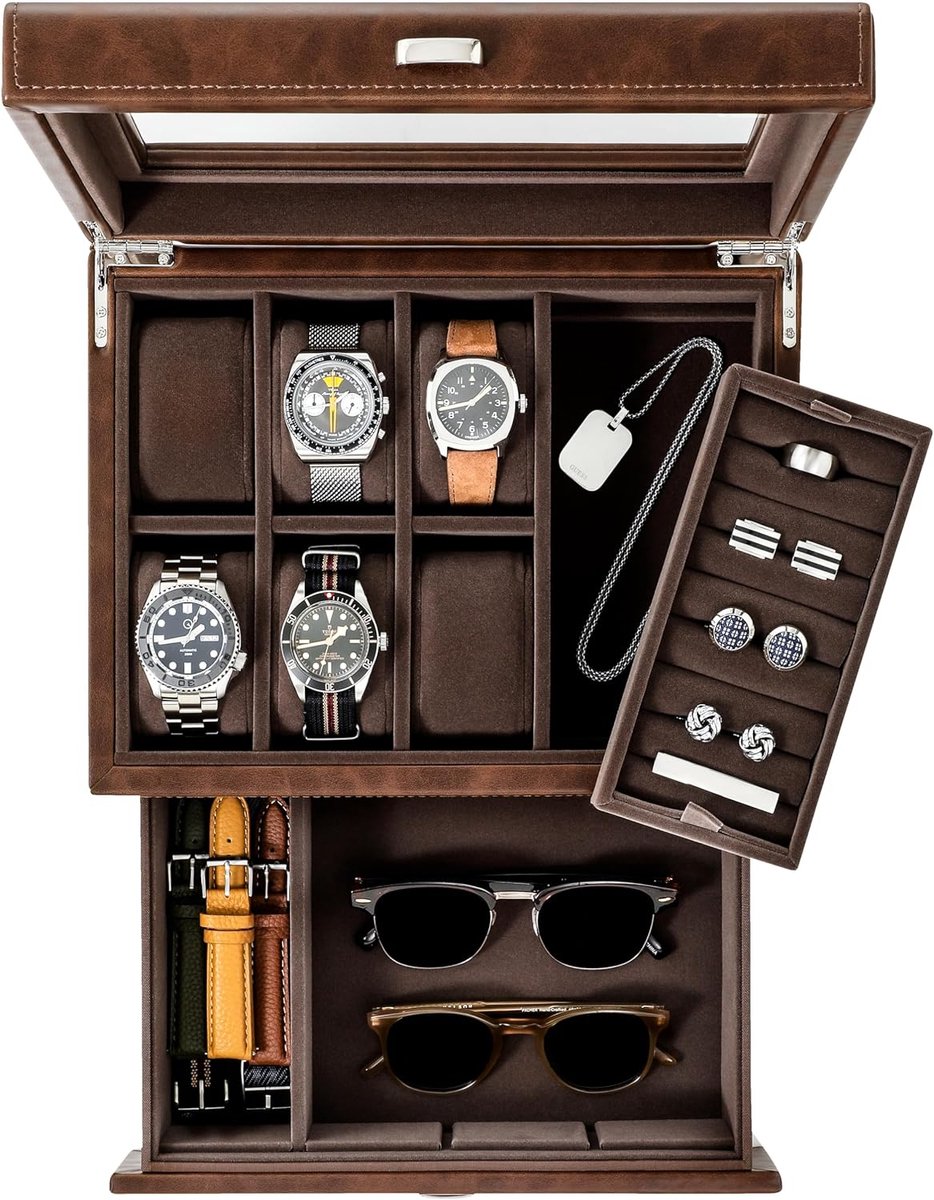 Bayswater Heren Horlogebox - 6-Vaks Horlogedoos voor Mannen - Horlogebox voor Mannen - Sieradendoos Mannen - Horlogebox Heren - Leren Box - Zwart