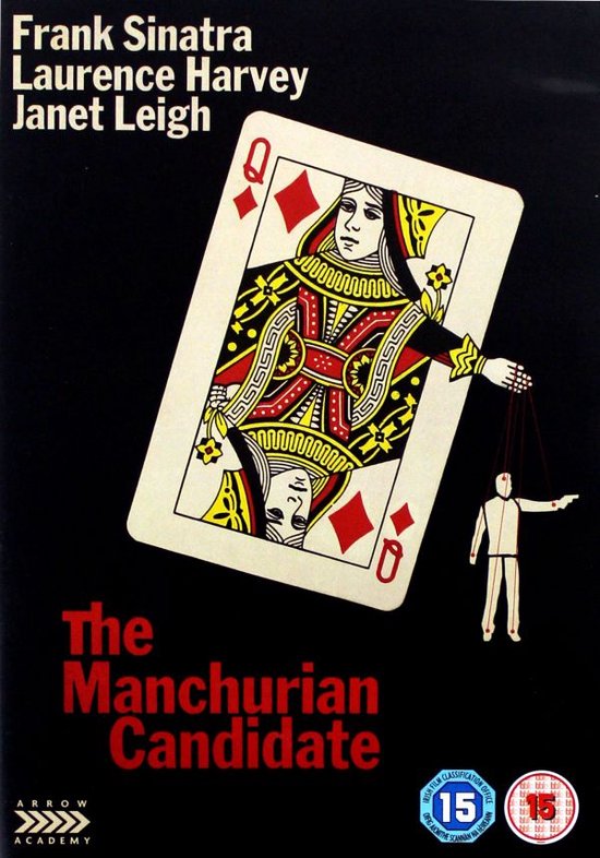 DVD-hoes met op de voorkant een hartenkoningin speelkaart met een marionetteman eronder. Titel 'The Manchurian Candidate'.