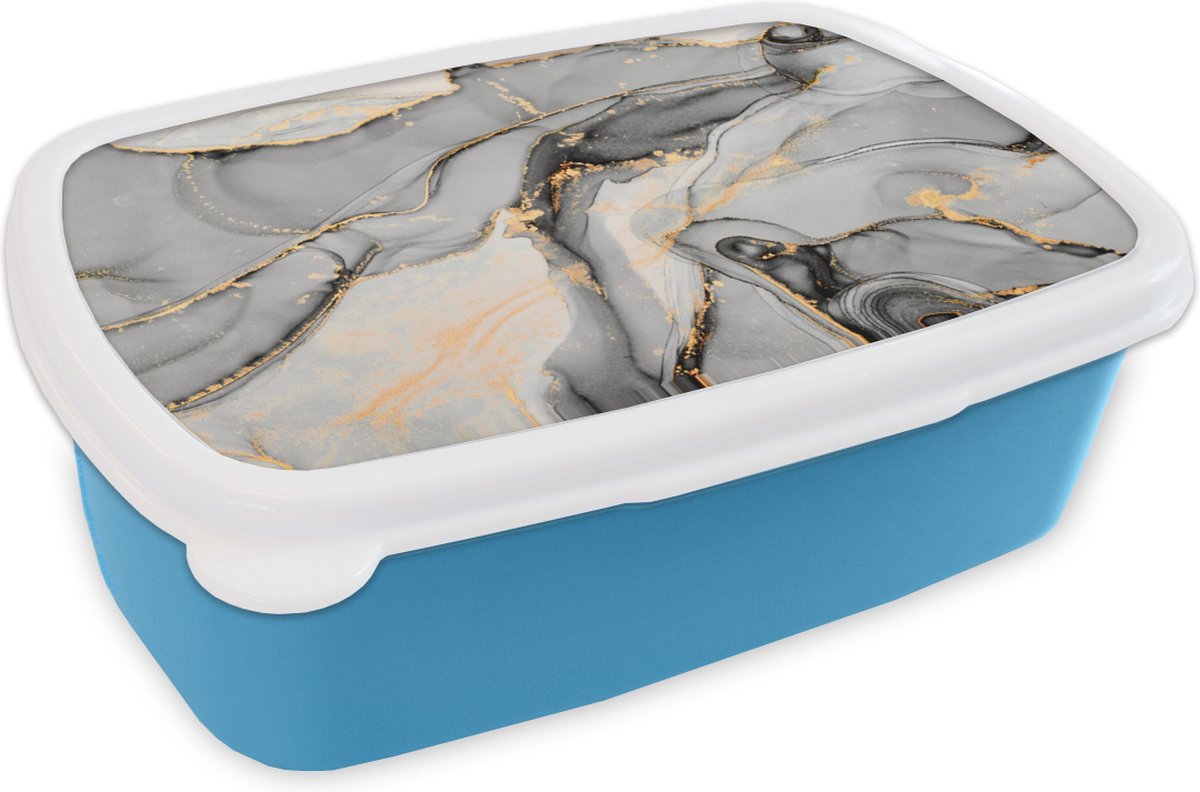 Broodtrommel Blauw - Lunchbox - Brooddoos - Marmer - Goud - Grijs - 18x12x6 cm - Kinderen - Jongen