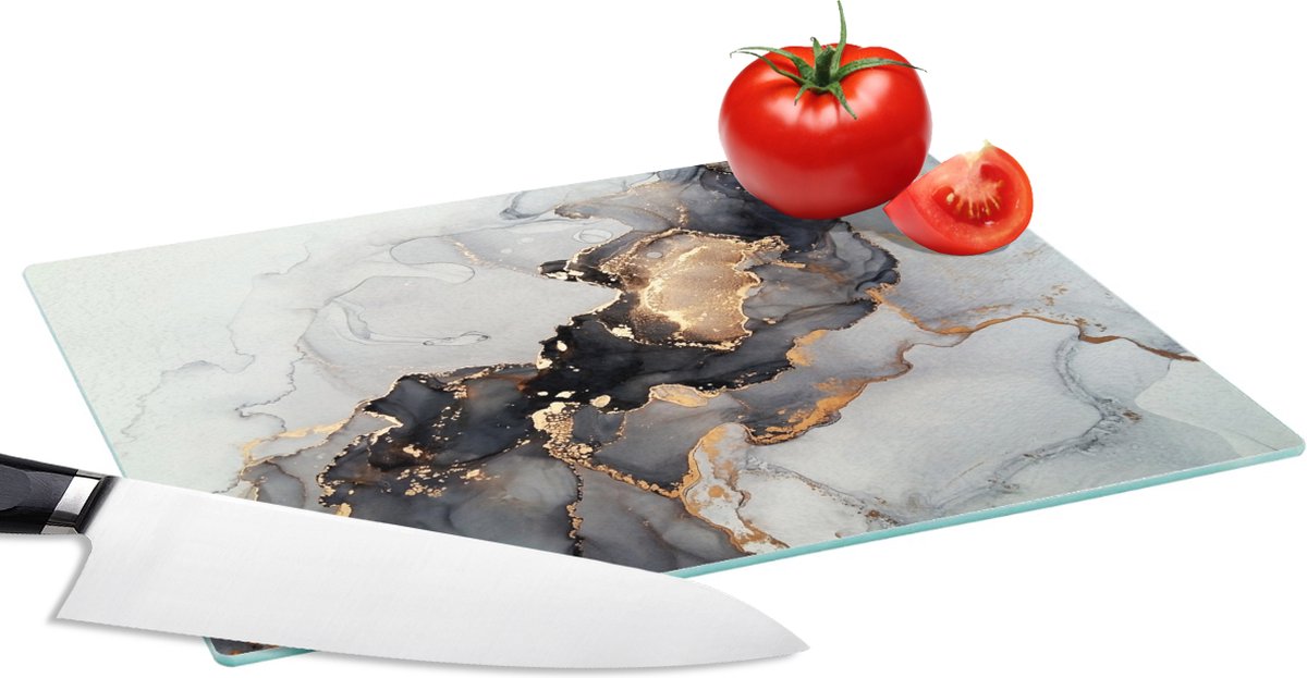 Glazen Snijplank - 28x20 - Zwart - Marmer - Luxe - Goud - Snijplanken Glas