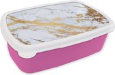 Broodtrommel Roze - Lunchbox - Brooddoos - Marmer - Goud - Wit - Luxe - Marmerlook - Glitter - 18x12x6 cm - Kinderen - Meisje