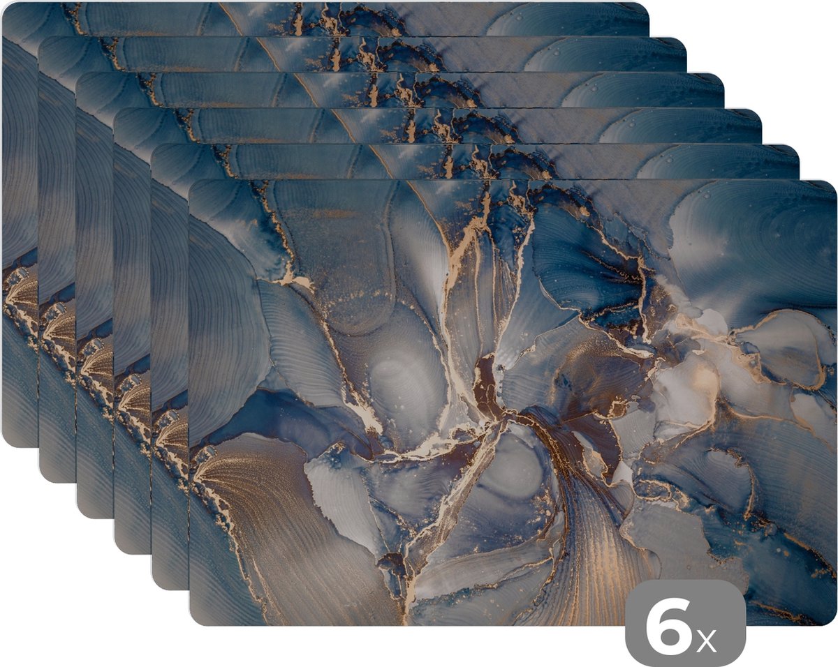 Placemats - Marmer - Goud - Grijs - Blauw - Onderleggers placemat - 45x30 cm - 6 stuks