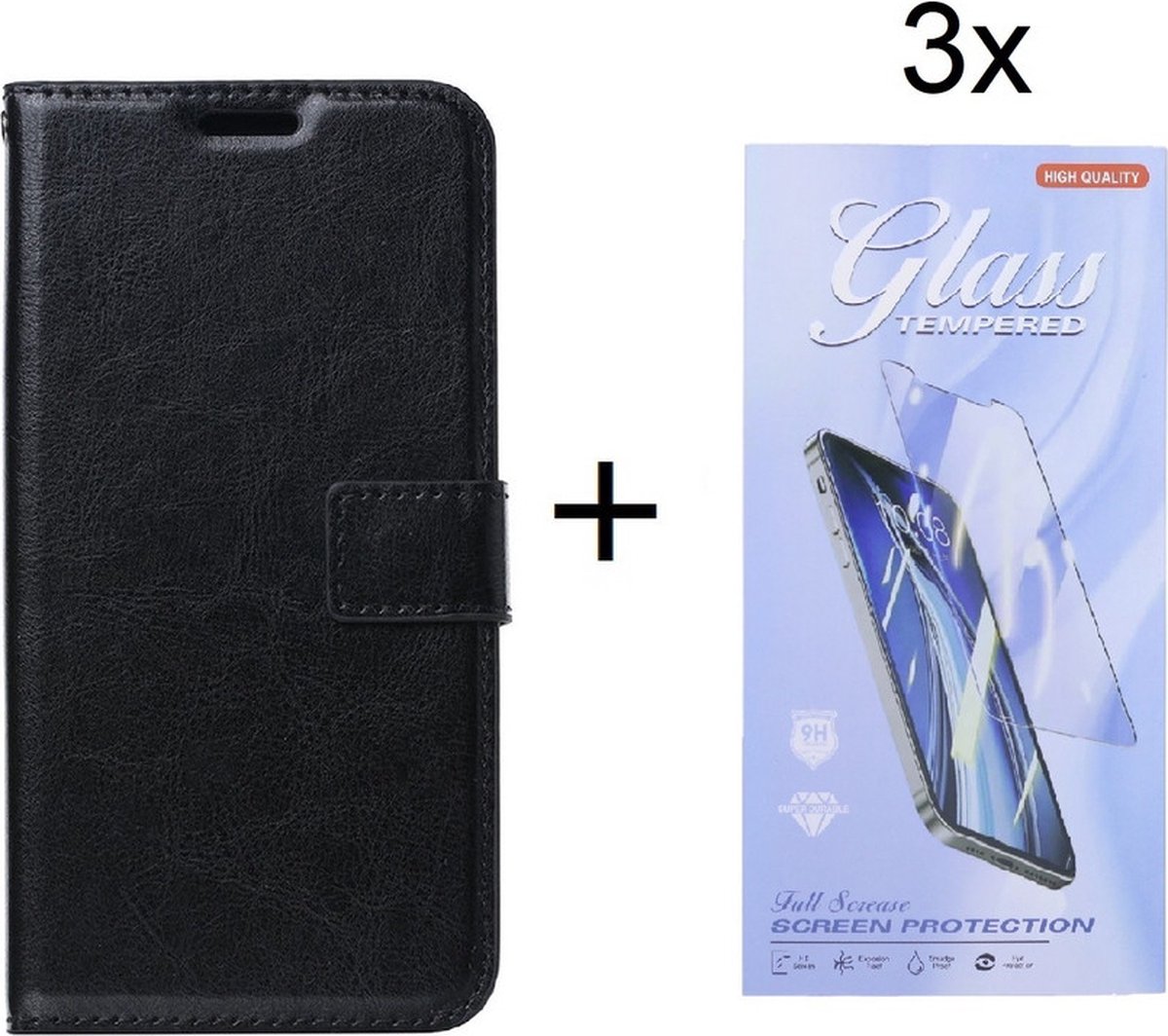 Bookcase Zwart Geschikt voor Samsung Galaxy A25 - portemonnee hoesje met 3 stuk Glas Screen protector - ZT Accessoires