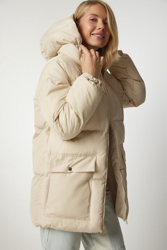 Happiness Istanbul Manteau gonflé à capuche crème Opblaasbaar à manches standard pour femme HK00023