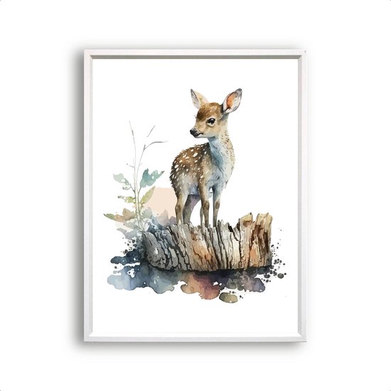 Postercity - Poster Aquarel Baby Hertje op Boomstronk - Waterverf - Bos Dierenposter - Babykamer / Kinderposter - Muurdecoratie - 70x50cm