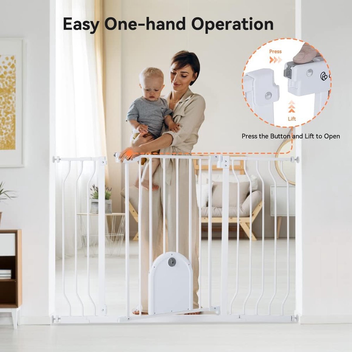 COMOMY Traphekje/deurhekje zonder boren, 75-123cm Automatisch sluitend hondenhek met kattenluik, stabiele babybescherming/traphekje, ideaal voor kinderen en huisdieren, wit