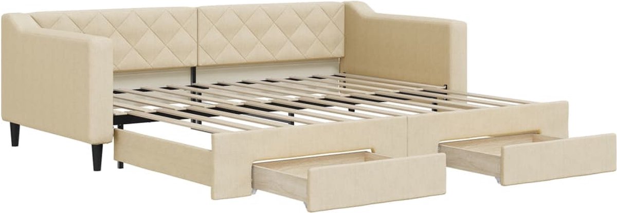 vidaXL Slaapbank - met - onderschuifbed - en - lades - 90x200 - cm - stof - crèmekleur