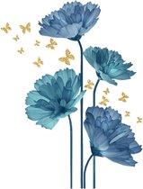 Muurstickers bloemen, blauwe bloemen en gouden vlinders muurstickers klaprozen muursticker woonkamer slaapkamer badkamer wanddecoratie (goud)