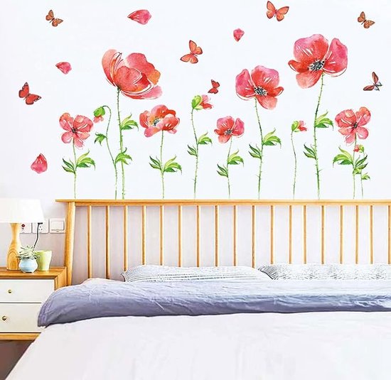 Stickers muraux de Bloem roses violettes, grandes Fleurs de pivoine,  papillon volant
