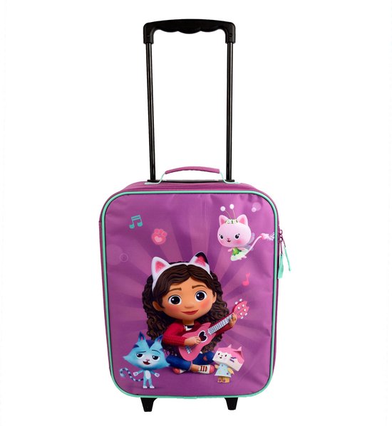 Paarse kindertrolley met Gabby en haar katten, erop afgebeeld. Mintgroene rand.
