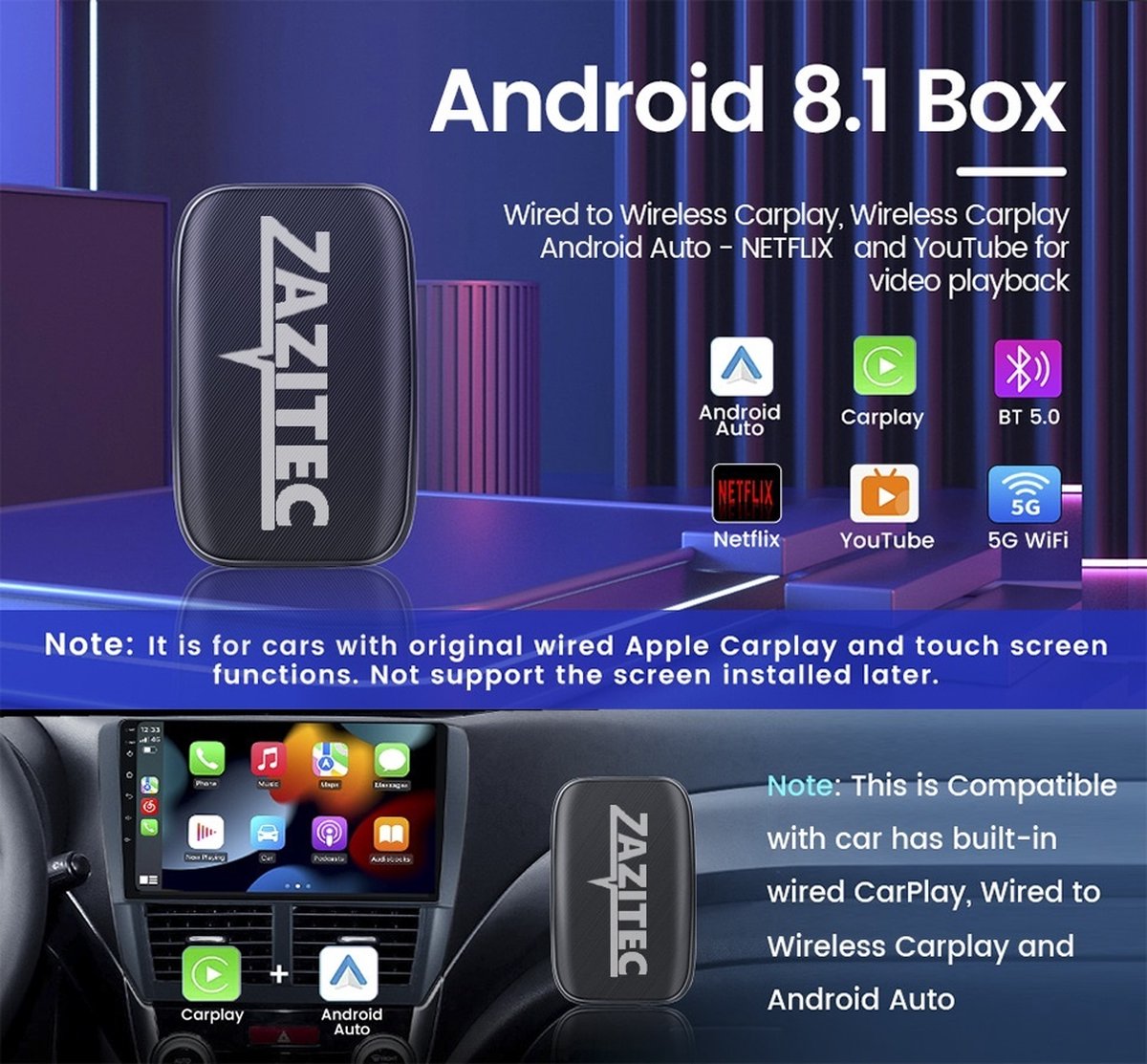 Zazitec ZT-C2C01 Dongle Wireless Smart Apple Carplay AI box - Youtube - Netflix