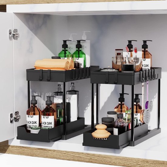 Under Sink Organizers, Set of 2, Multifunctional 2 Tier Under Sink with Drawer for Kitchen, Laundry Room, Bathroom, Countertop Storage Cabinet, Metal Basket (Silver