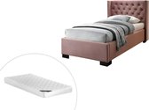 Bed MASSIMO met gewatteerd hoofdbord - 90 x 200 cm - Roze fluweel + Matras L 216 cm x H 111.5 cm x D 114 cm