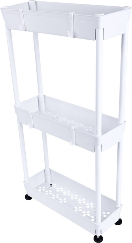 Confibel - Rack de Rangement / Organisateur 3 étages - Rack Utilitaire Métallique - Rangement Étroit pour Cuisine, Salle de Bain, Bureau - Wit