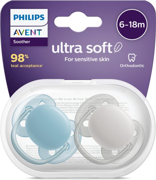 Avent Ultra Soft 2 Tétines Orthodontiques en Siliconen 6-18 Mois (Couleur : Blauw Vert/ Grijs)