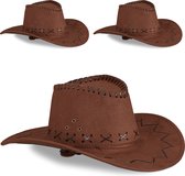 Relaxdays cowboyhoed - set van 3 - western hoed - carnaval - verkleedhoed - stof - dark Brown