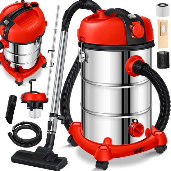 MASKO® industriële stofzuiger nat-droog roestvrij staal 2300W + stopcontact | blaasfunctie | droog en nat zuigen | Push&Clean | industriële stofzuiger met en zonder zak | zakloos - Rood